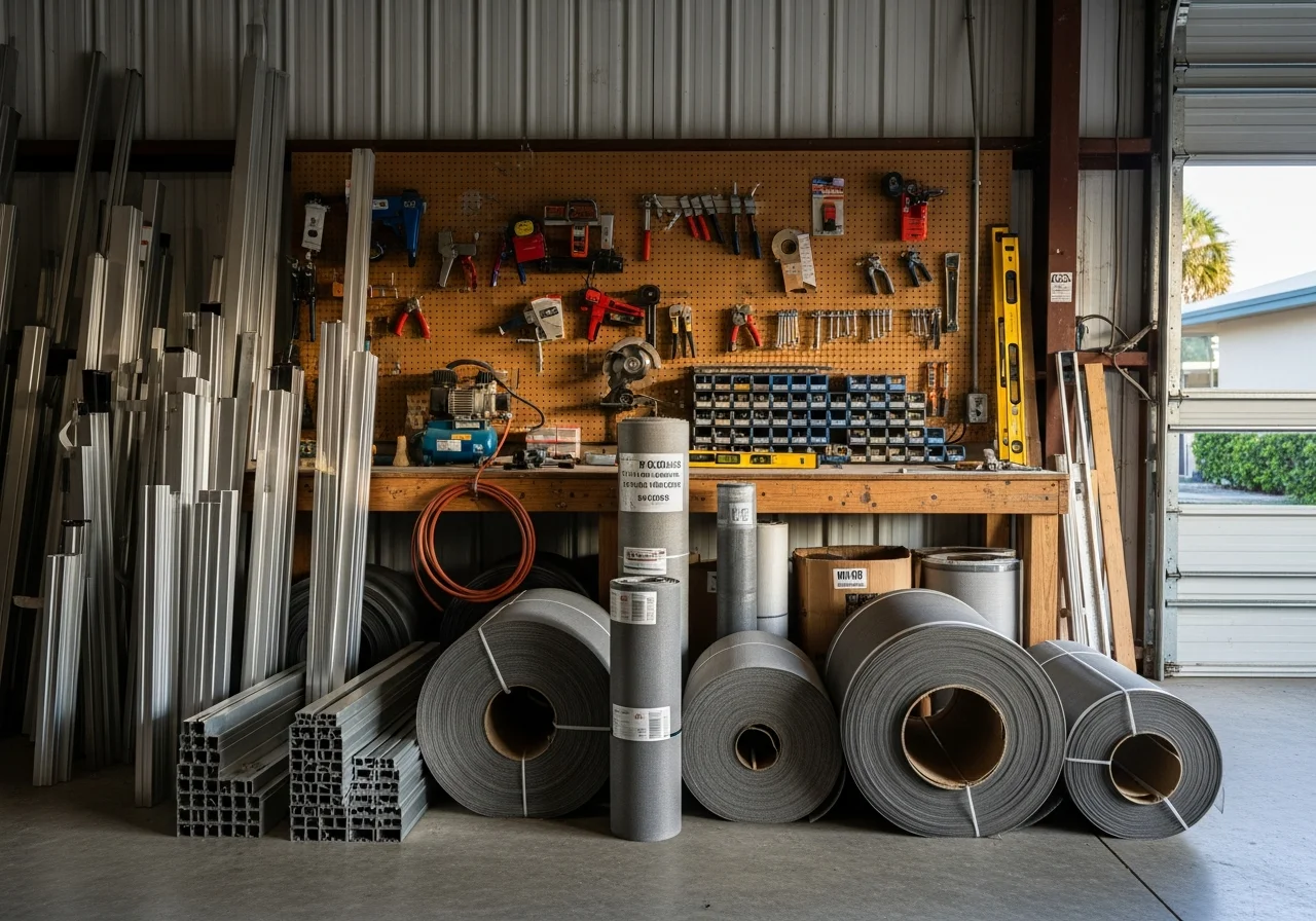 Aluminum and screening tools, materials, and equipment ready for residential and commercial projects.