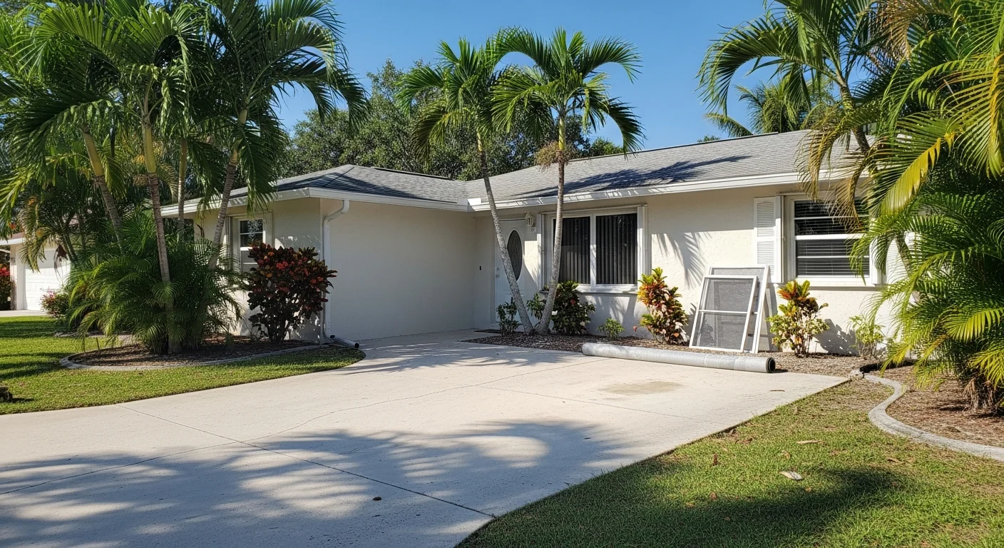 Residential home in Fort Myers with mature landscaping and clear blue sky, typical of Lee County Gulf Coast properties.