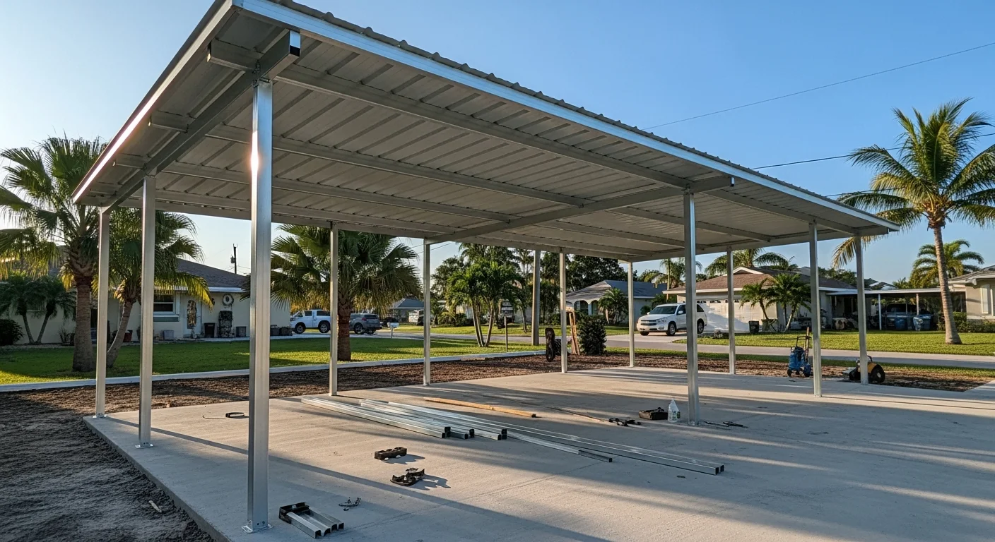 A newly installed aluminum carport attached to a single-family home in Lee County, Florida, covering a concrete driveway with two vehicles parked underneath. The structure features a clean roofline and open sides suited to Southwest Florida's coastal climate.