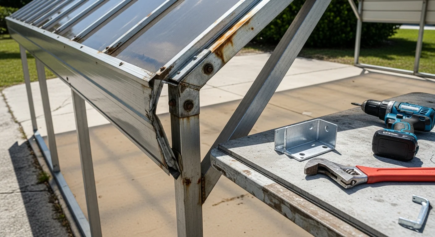 A repaired residential carport in Lee County, Florida, showing straightened metal support columns and restored roofing panels. The structure is attached to a single-family home with a clear driveway underneath.