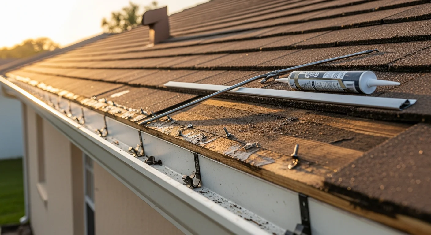 Close-up view of a repaired fascia board along the roofline of a single-family home in Lee County, Florida, with gutters re-secured and no visible rot or staining. The finished roofline edge shows clean trim against a typical Southwest Florida residential exterior.