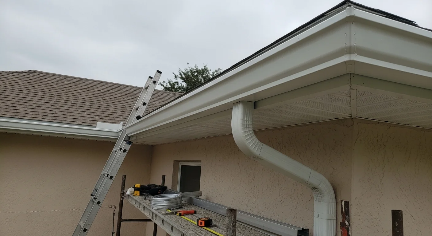 Newly installed gutters and downspouts on a single-story residential home in Lee County, Florida, with clean fascia boards and a downspout directed away from the foundation. The roofline shows a complete aluminum gutter run along the eave with no visible gaps or sagging.
