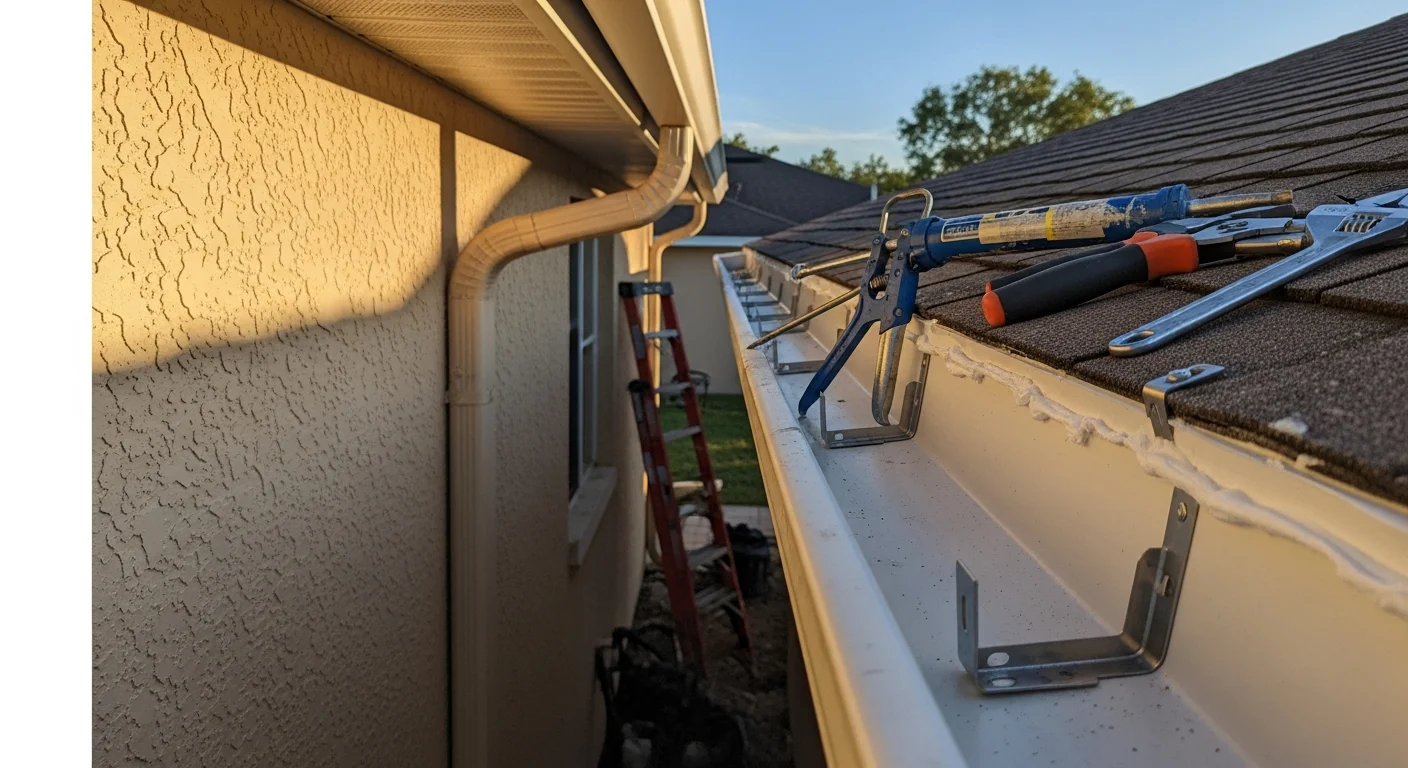 A repaired residential gutter system on a single-story Lee County home, showing a clean sealed seam and properly aligned downspout directing water away from the foundation. The roofline and soffit are visible and free of water staining or damage.