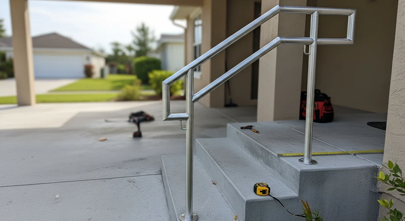 Newly installed aluminum handrail on exterior entry steps of a Lee County residential home. The rail is anchored to a concrete stoop with a clean, straight profile alongside a carport entry.