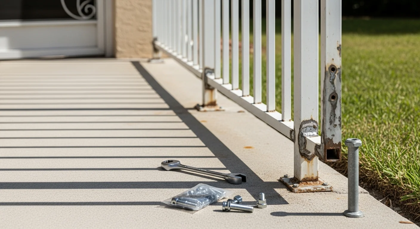 A repaired aluminum handrail on an exterior staircase at a Lee County home, with secure post bases and a straight top rail. The railing connects a ground-level carport entry to a screened enclosure landing in a Southwest Florida residential setting.