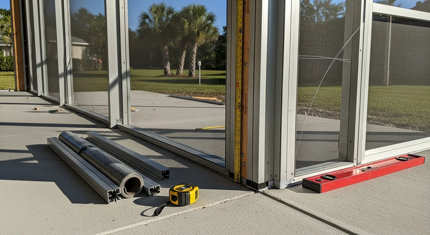 Newly installed aluminum-framed lanai enclosure on a single-family home in Lee County, Florida, with screen panels fitted across the full perimeter and a screen door centered on the back wall. The structure sits on an existing concrete slab and opens to a backyard typical of Southwest Florida residential properties.