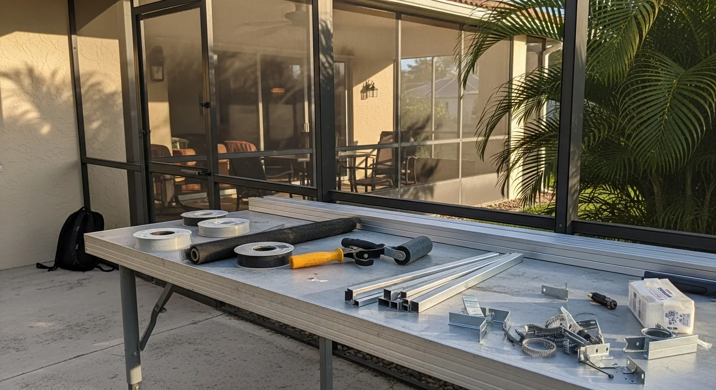 A repaired lanai enclosure on a Lee County, Florida home showing tight, evenly tensioned screen panels and clean aluminum framing. The screened outdoor space overlooks a backyard pool with no visible tears, gaps, or frame damage.
