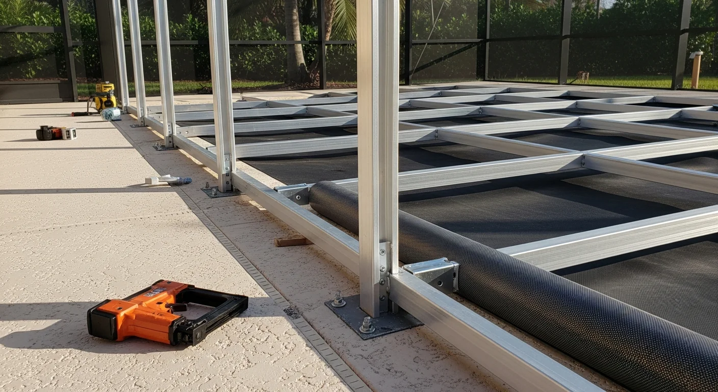 Newly installed aluminum pool cage enclosure surrounding a residential swimming pool in Lee County, Florida. The structure features a screened roof and side panels with a clear view of the pool deck and backyard.