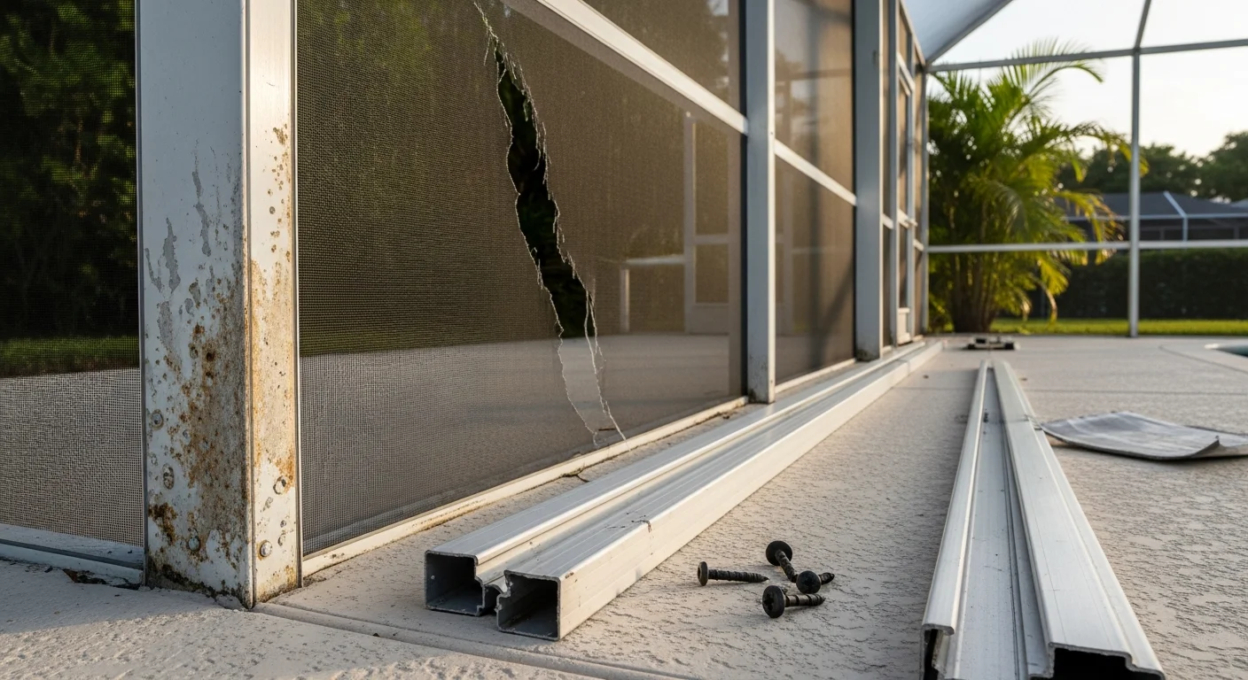 A repaired aluminum pool cage enclosure at a Lee County, Florida home, showing tight screen panels and clean frame sections around a residential pool. Close-up view of replaced screen mesh and hardware on a Southwest Florida pool enclosure after storm damage repair.
