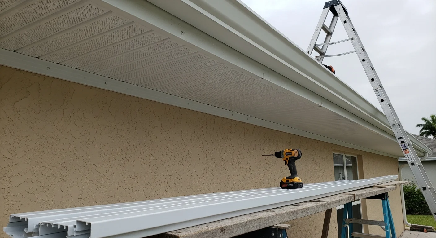 Freshly installed soffit panels along the roofline overhang of a single-family home in Lee County, Florida. Close-up view shows vented panel sections fitted flush against the fascia board with clean seams and no visible gaps.
