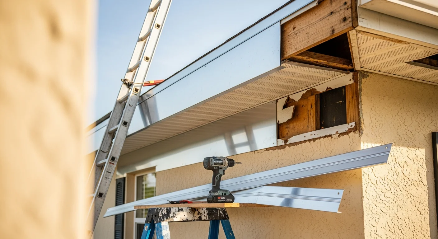 A repaired soffit line on a single-family home in Lee County, Florida, showing clean, flush panels along the roof overhang with no visible gaps or staining. The image shows the underside of the eave after professional soffit repair work completed by A Tip Top Rescreen.